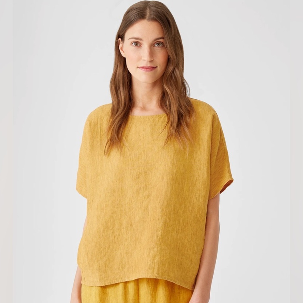 Eileen Fisher Linen Delave Short Sleeve Boxy Top T-Shirt - Size M